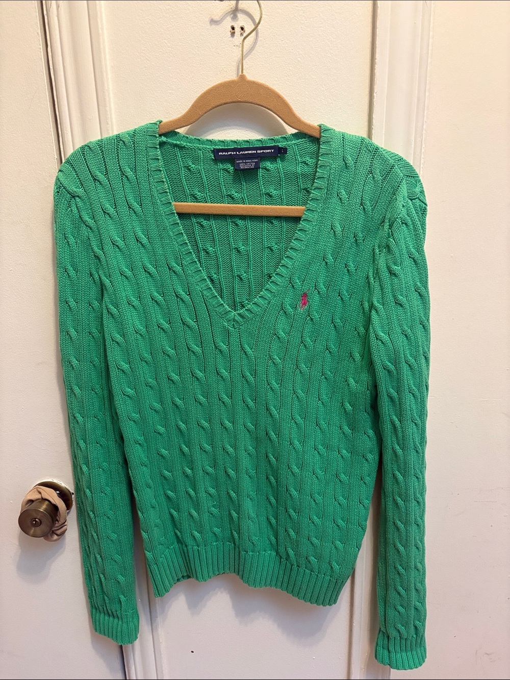 Vintage Ralph Lauren Sport Bright Green Cable-Knit V-Neck Sweater